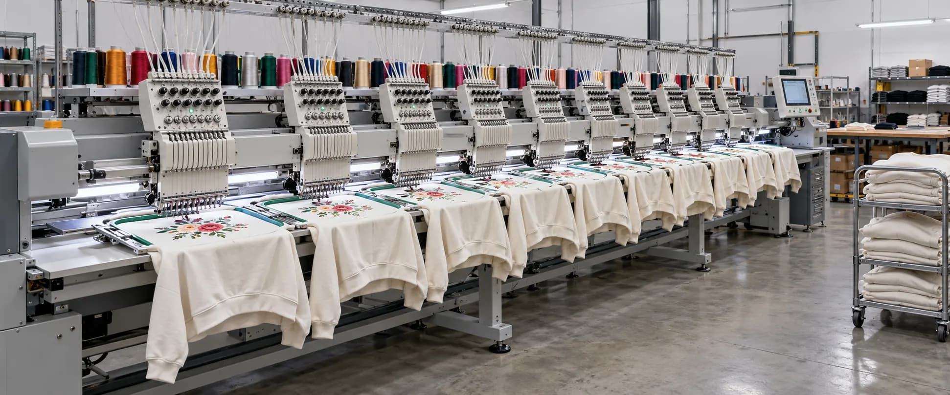 An embroidery machine stitching flowers onto a sweatshirt